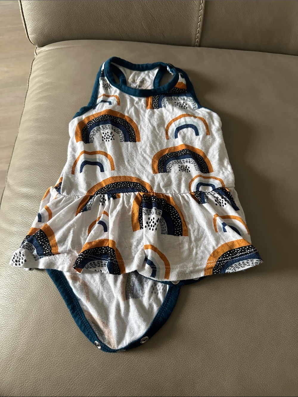 Posh Peanut White Tank One-Piece with Navy and Mustard Rainbow Skirt